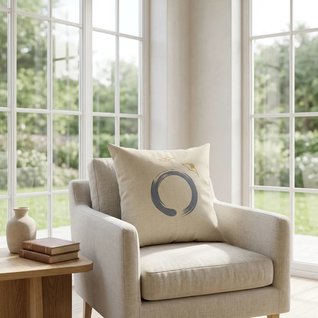 Beige throw pillow with a grey Enso circle motif on a neutral armchair in a bright, sunlit room with garden views through a window.