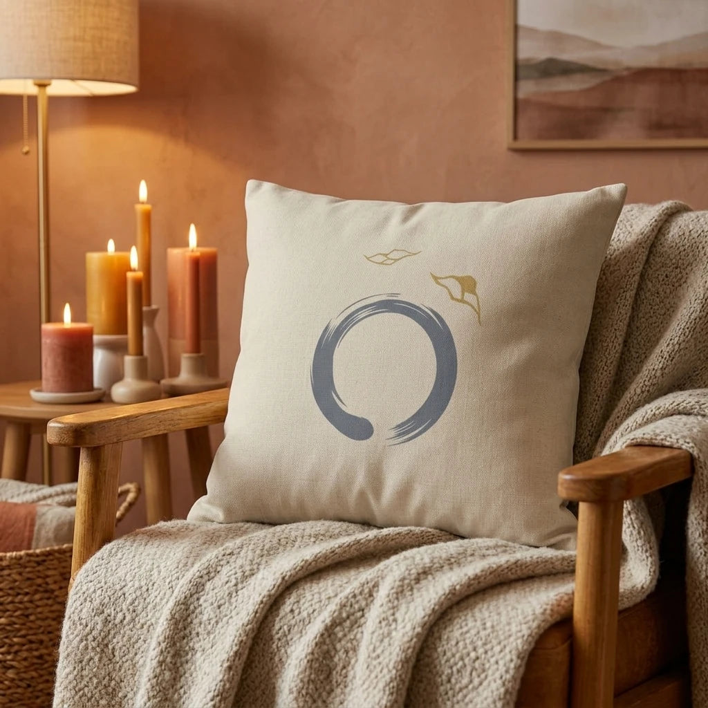 Cream decorative pillow featuring a grey zen circle on a wooden chair with a knit blanket and warm candlelight in a cozy living room.