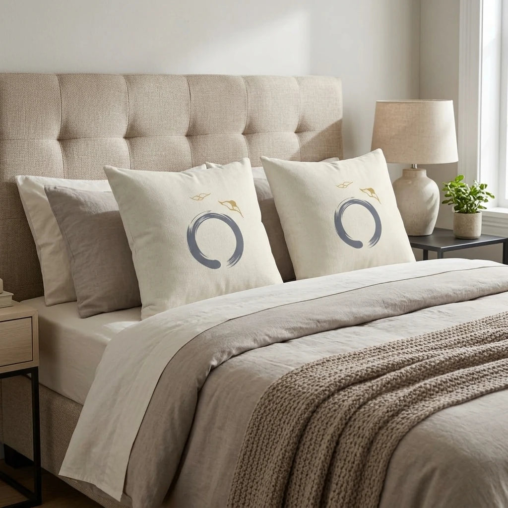 Two Zen Enso circle cushions in blue and gold on a beige bed with a tufted headboard and bedside lamp in a bright modern bedroom setting.