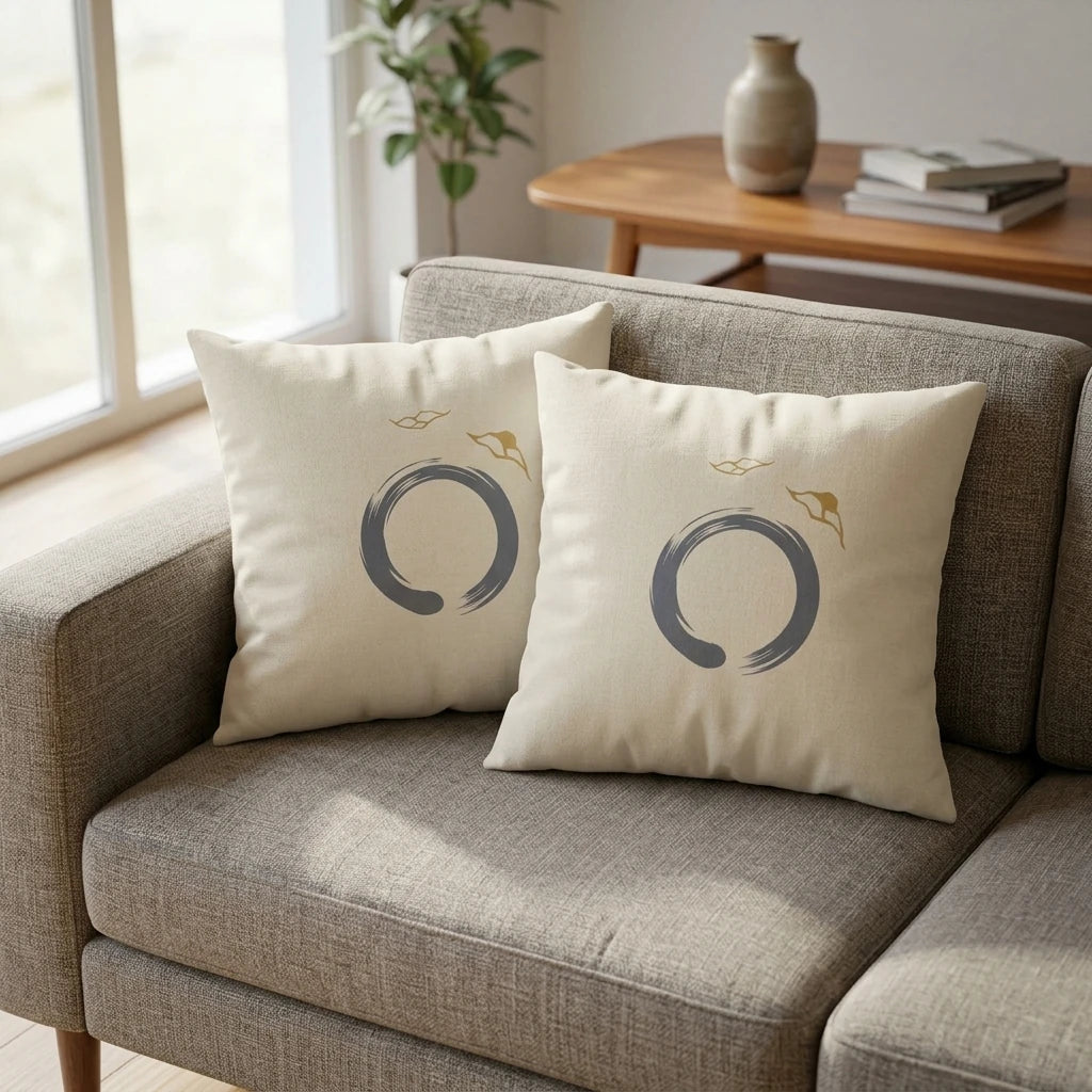 Pair of beige throw pillows with a grey Zen circle and gold birds on a grey sofa in a bright minimalist living room lifestyle scene.