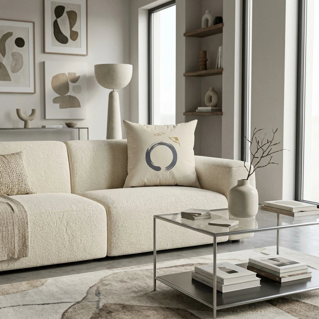 Cream cushion with a grey Enso circle design on a textured sofa in a modern minimalist living room with neutral decor and abstract art.