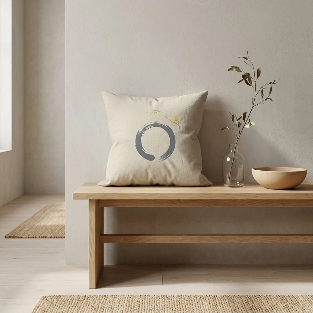 Minimalist Zen enso circle cushion on a light wood bench in a serene Japandi style interior with natural wood decor and a glass vase.