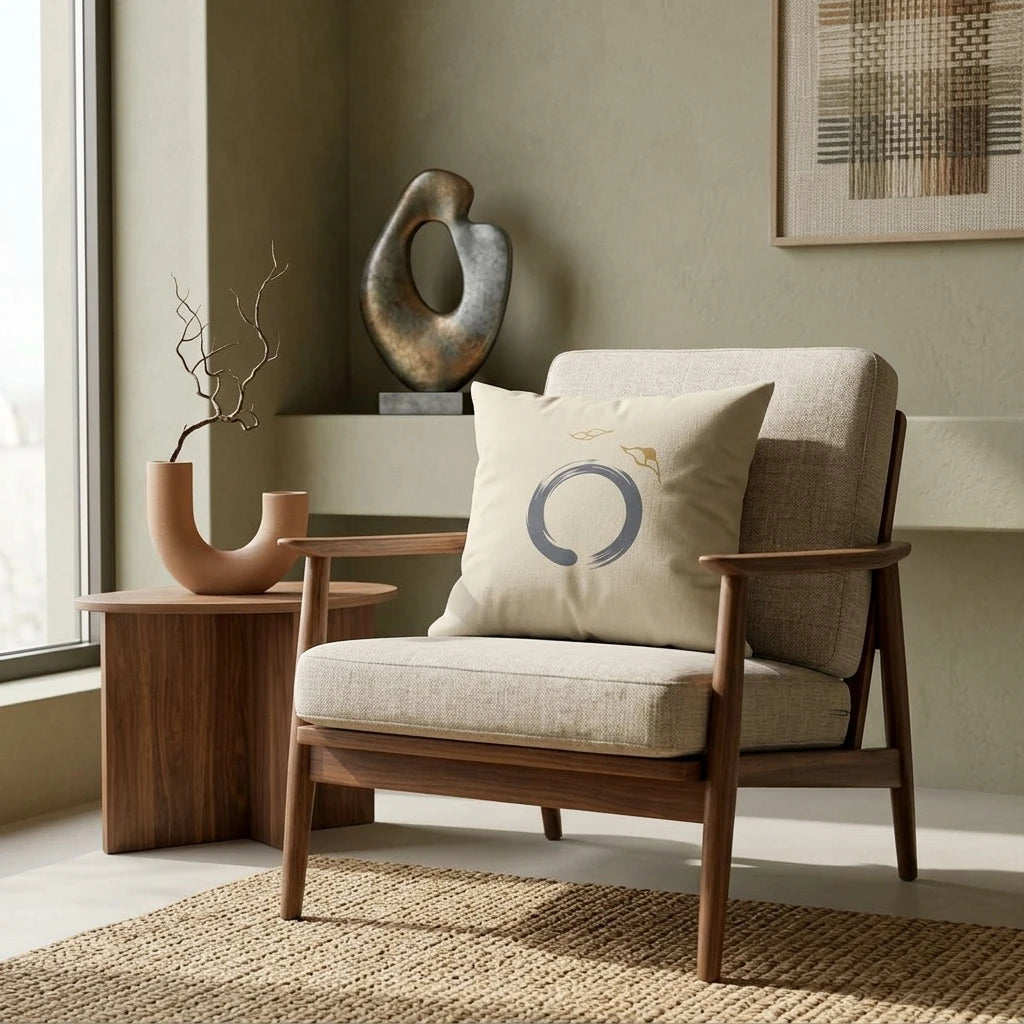 Beige throw cushion featuring a grey Zen Enso circle, styled on a wooden armchair in a minimalist room with sage green walls.