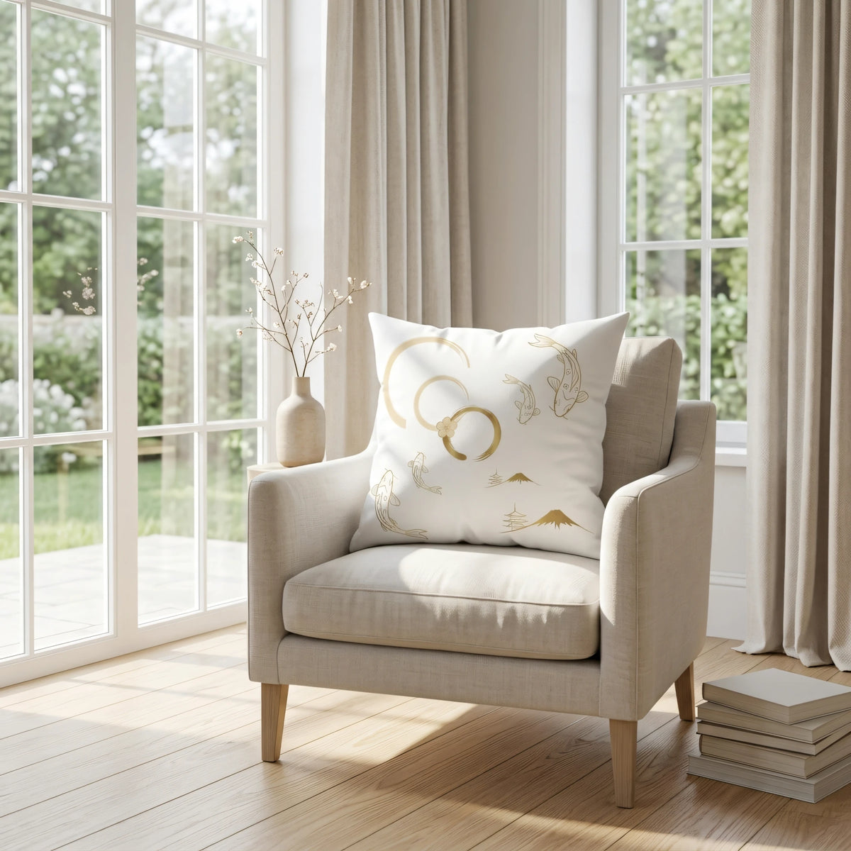 Nippon Heritage Cushion Cover White and Gold Hand Drawn, lifestyle view.