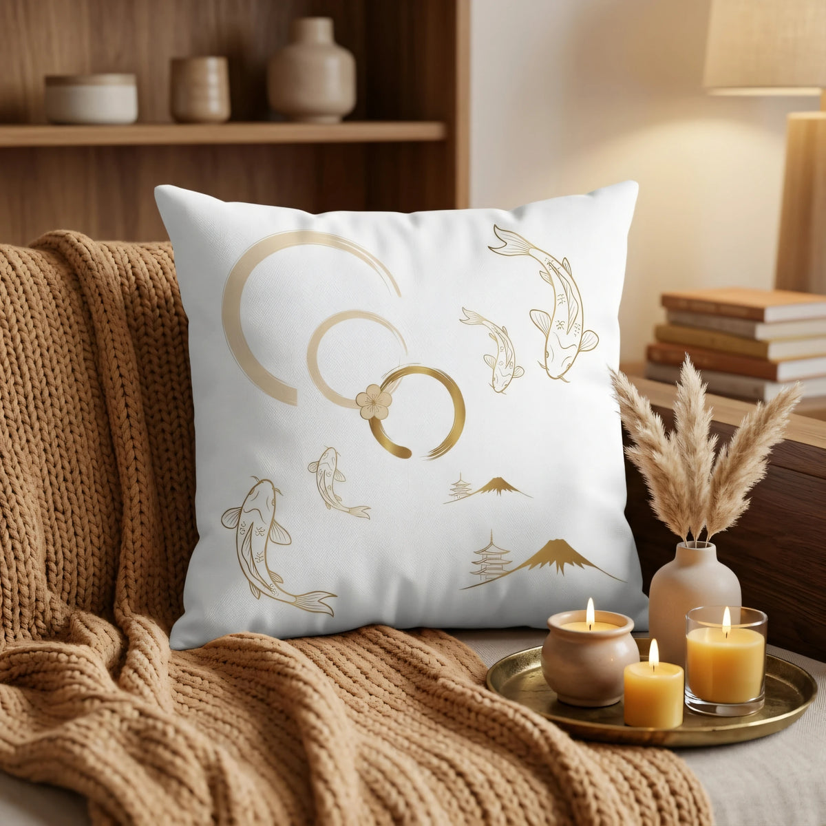 Nippon Heritage Cushion Cover White and Gold Hand Drawn, lifestyle view.
