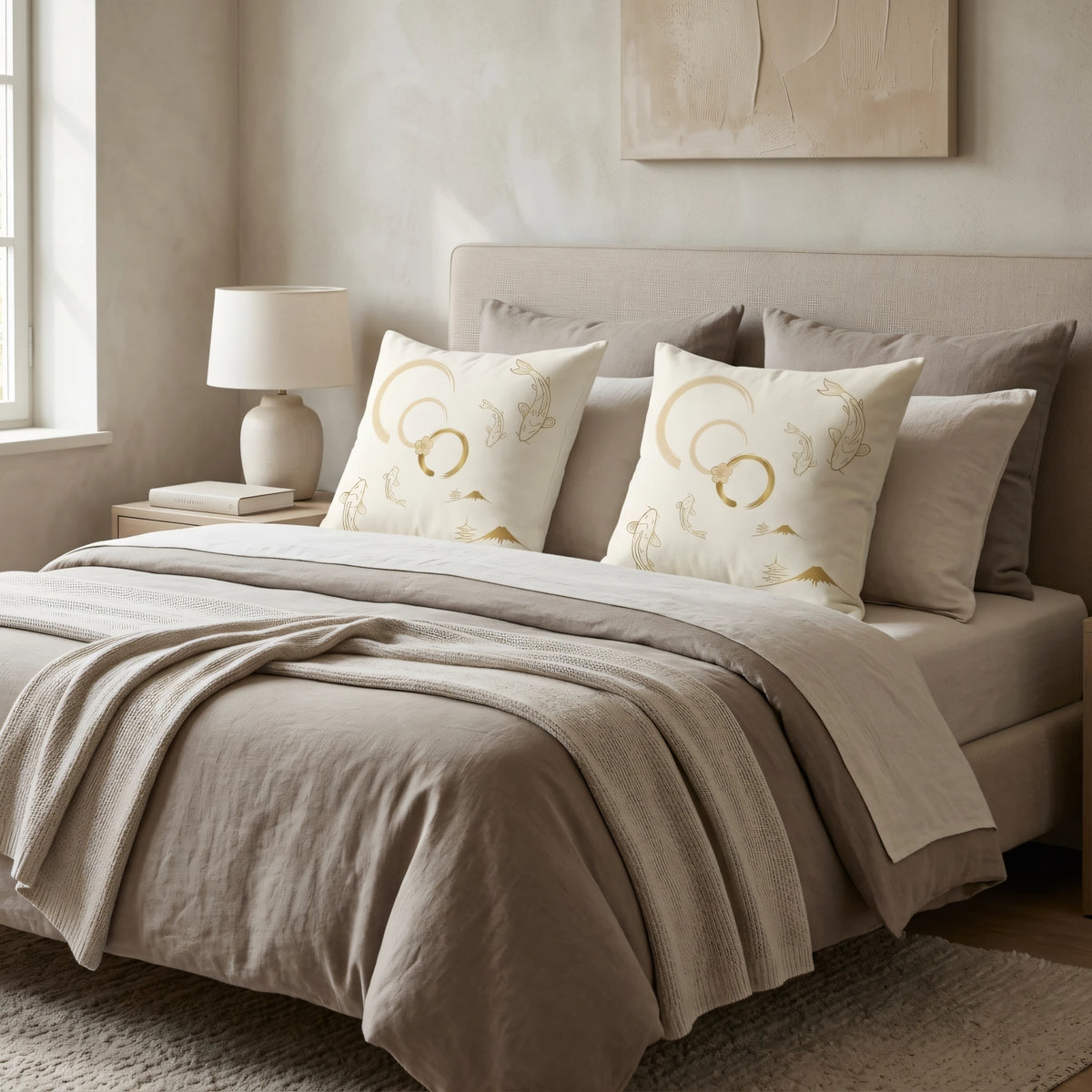 Nippon Heritage Cushion Cover White and Gold Hand Drawn, lifestyle view.