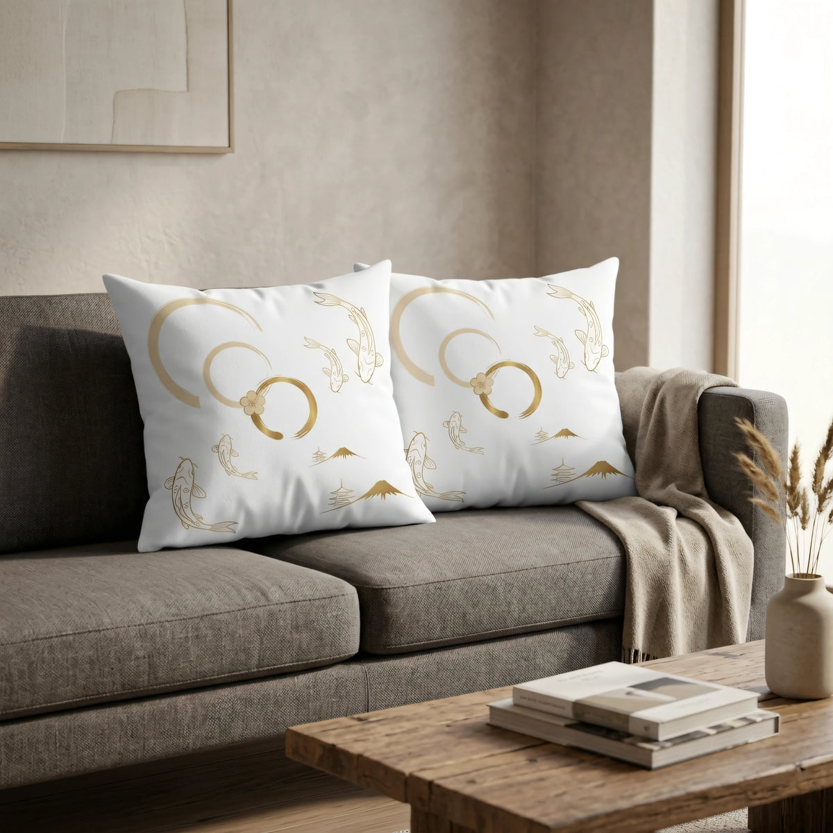 Nippon Heritage Cushion Cover White and Gold Hand Drawn, lifestyle view.