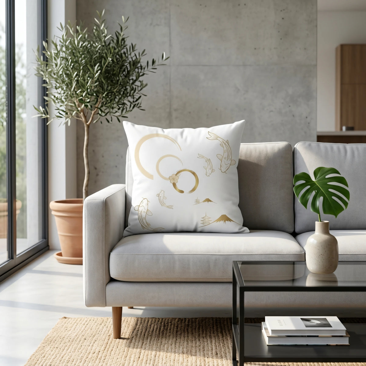 Nippon Heritage Cushion Cover White and Gold Hand Drawn, lifestyle view.