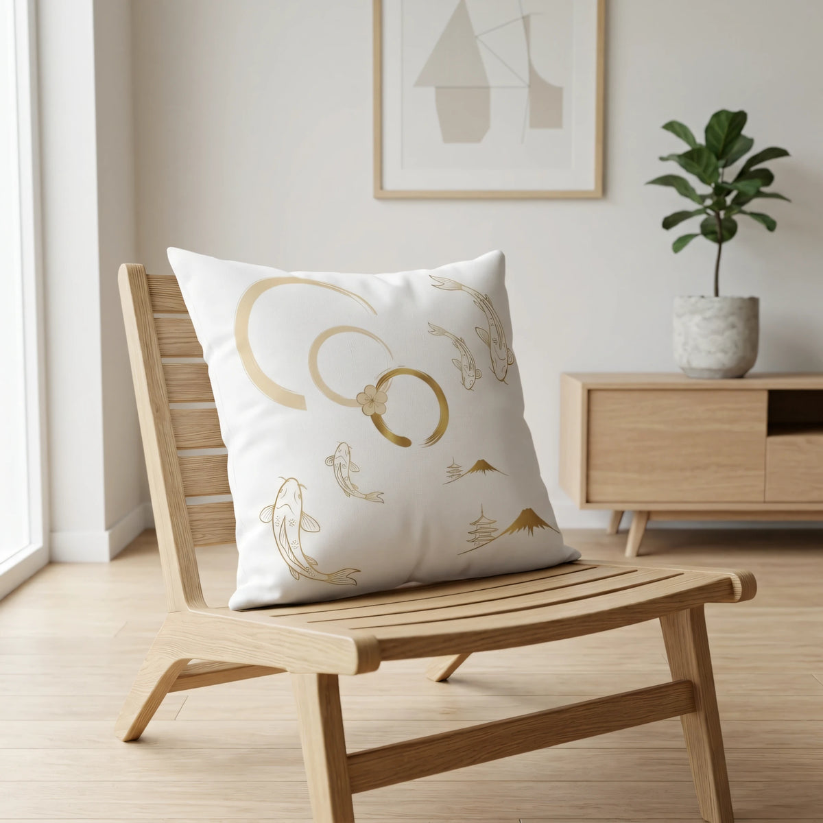 Nippon Heritage Cushion Cover White and Gold Hand Drawn, lifestyle view.