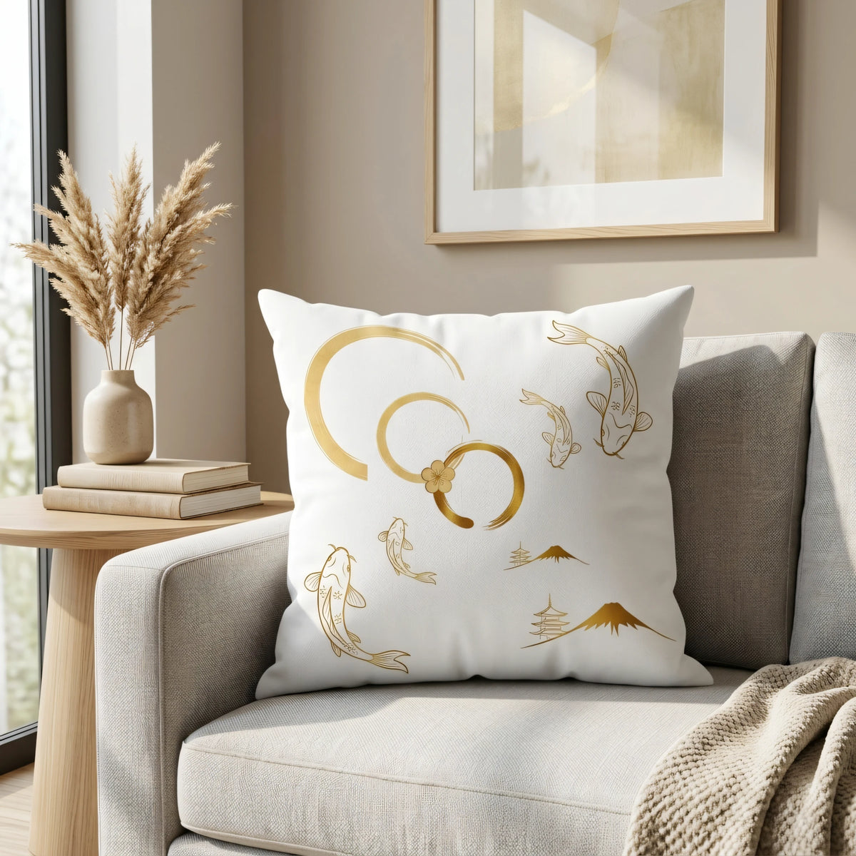 Nippon Heritage Cushion Cover White and Gold Hand Drawn, lifestyle view.