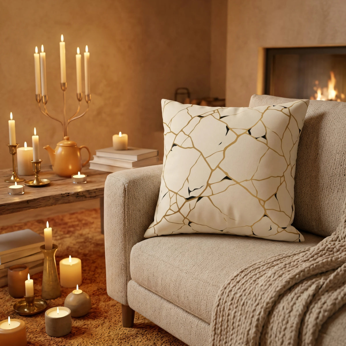 Archaic Fractured Stone Cushion Blanc Jaune with, lifestyle view.