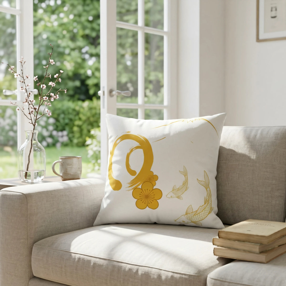 Hand-Drawn Illustrative Throw Pillow Blanc Ja, lifestyle view.
