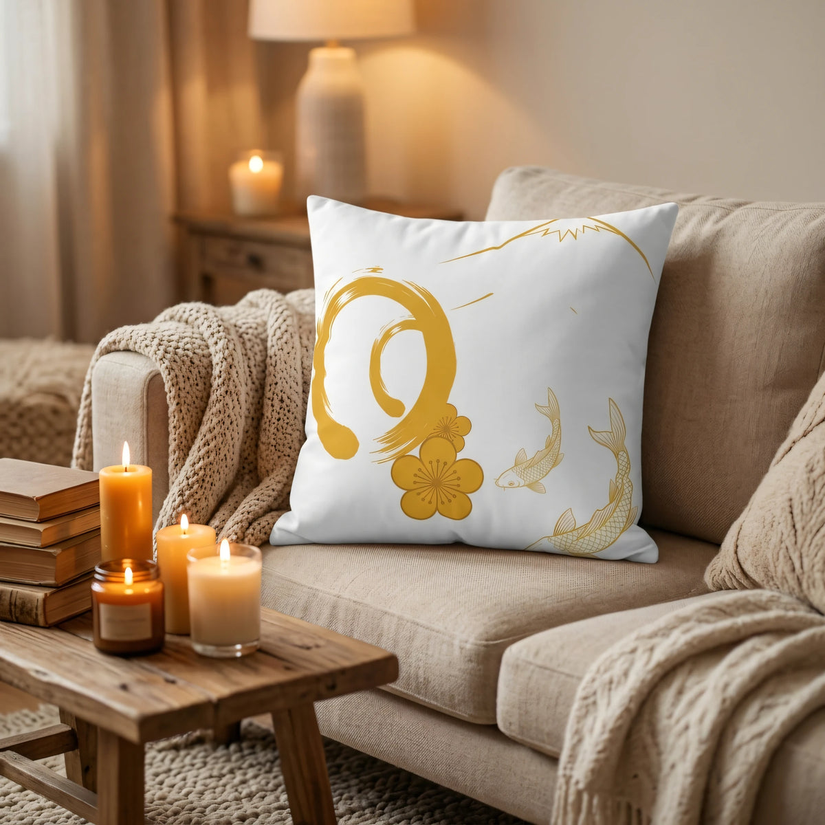 Hand-Drawn Illustrative Throw Pillow Blanc Ja, lifestyle view.