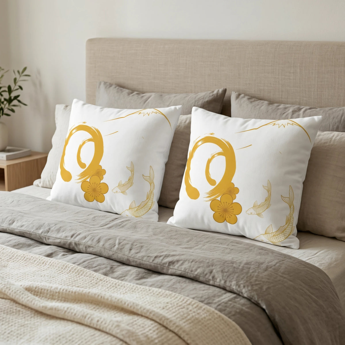 Hand-Drawn Illustrative Throw Pillow Blanc Ja, lifestyle view.
