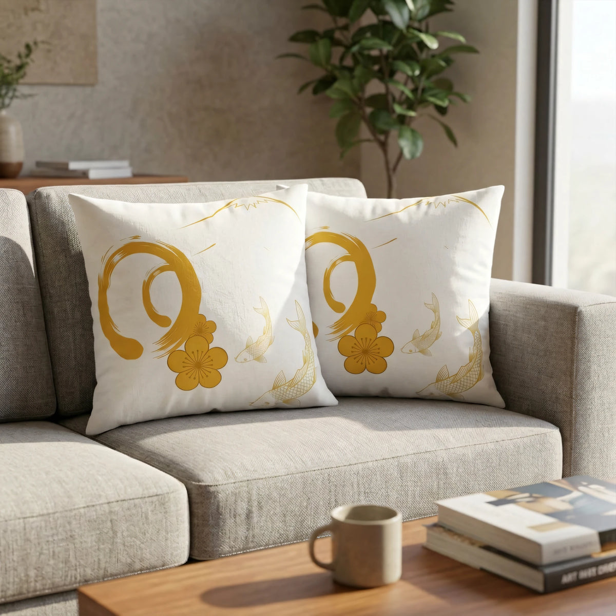 Hand-Drawn Illustrative Throw Pillow Blanc Ja, lifestyle view.