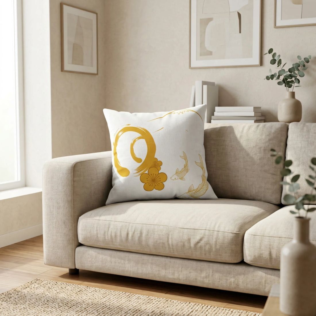 Front view of Hand-Drawn Illustrative Throw Pillow Blanc Ja on a white background.