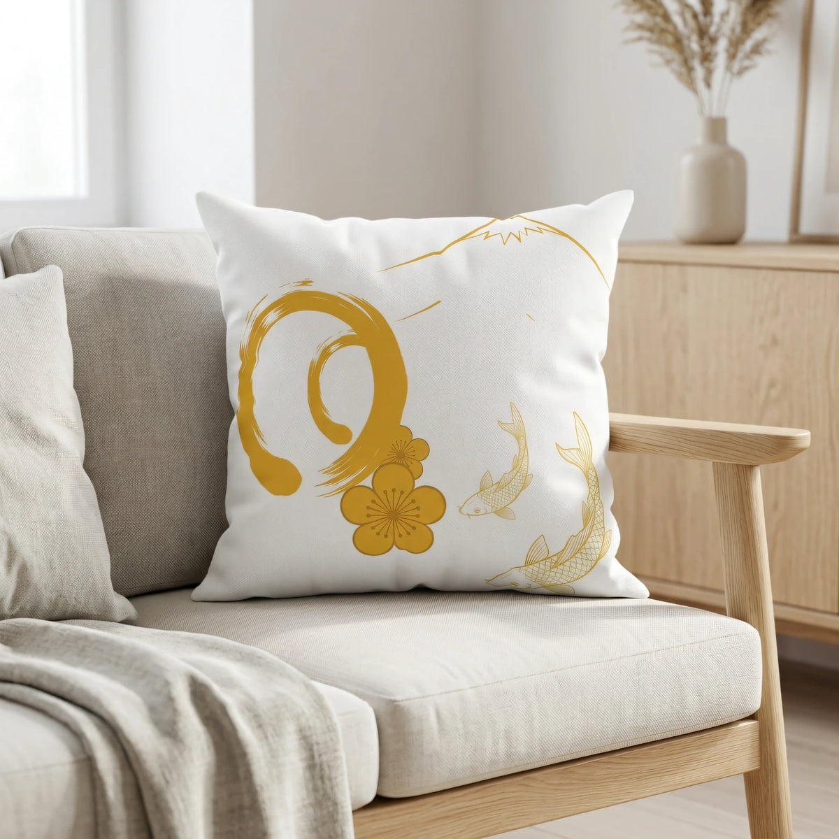 Hand-Drawn Illustrative Throw Pillow Blanc Ja, lifestyle view.