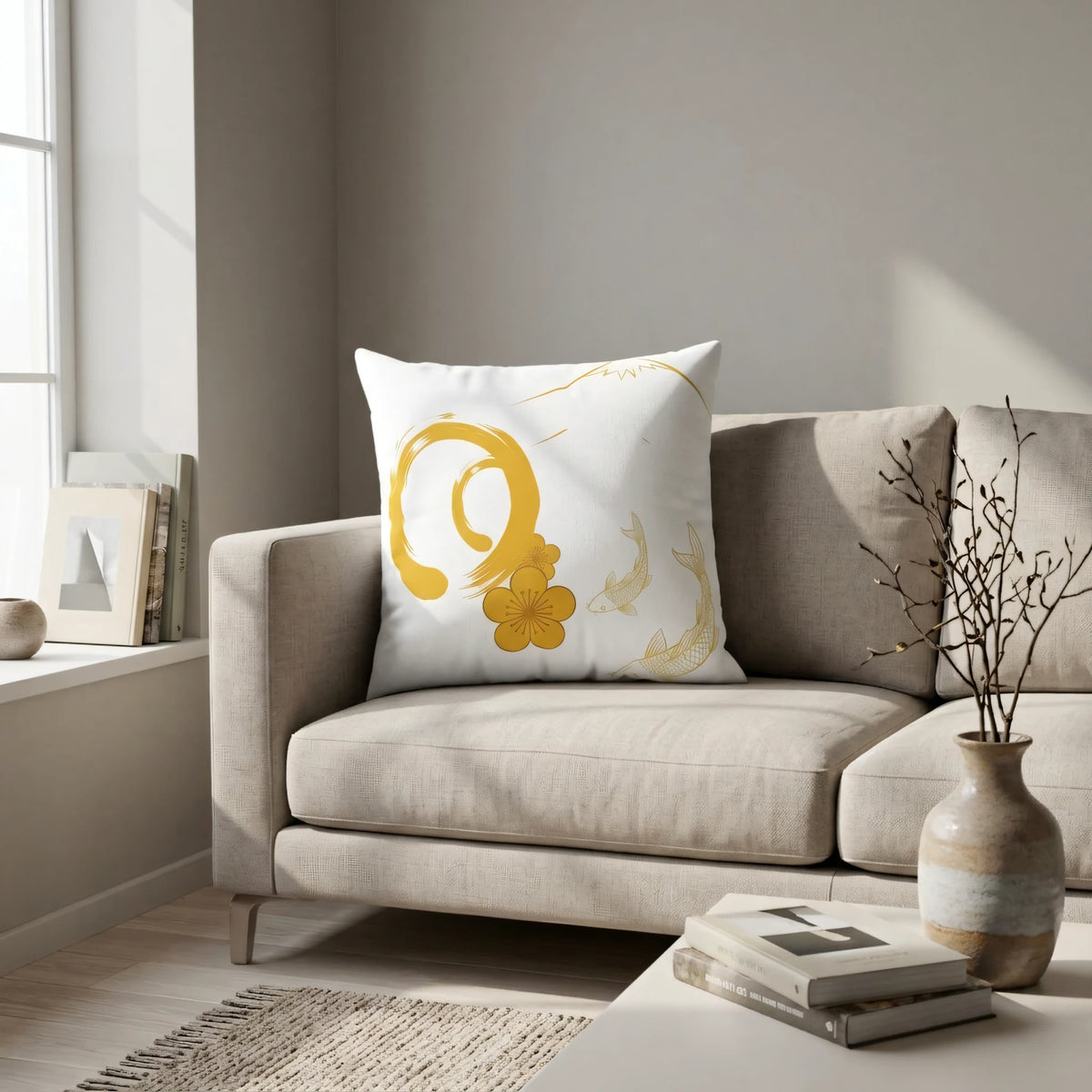 Hand-Drawn Illustrative Throw Pillow Blanc Ja, lifestyle view.