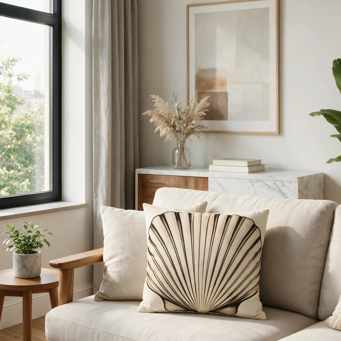 Seashell print throw pillow on a beige sofa in a bright modern living room with a marble sideboard, wooden table, and minimalist decor.