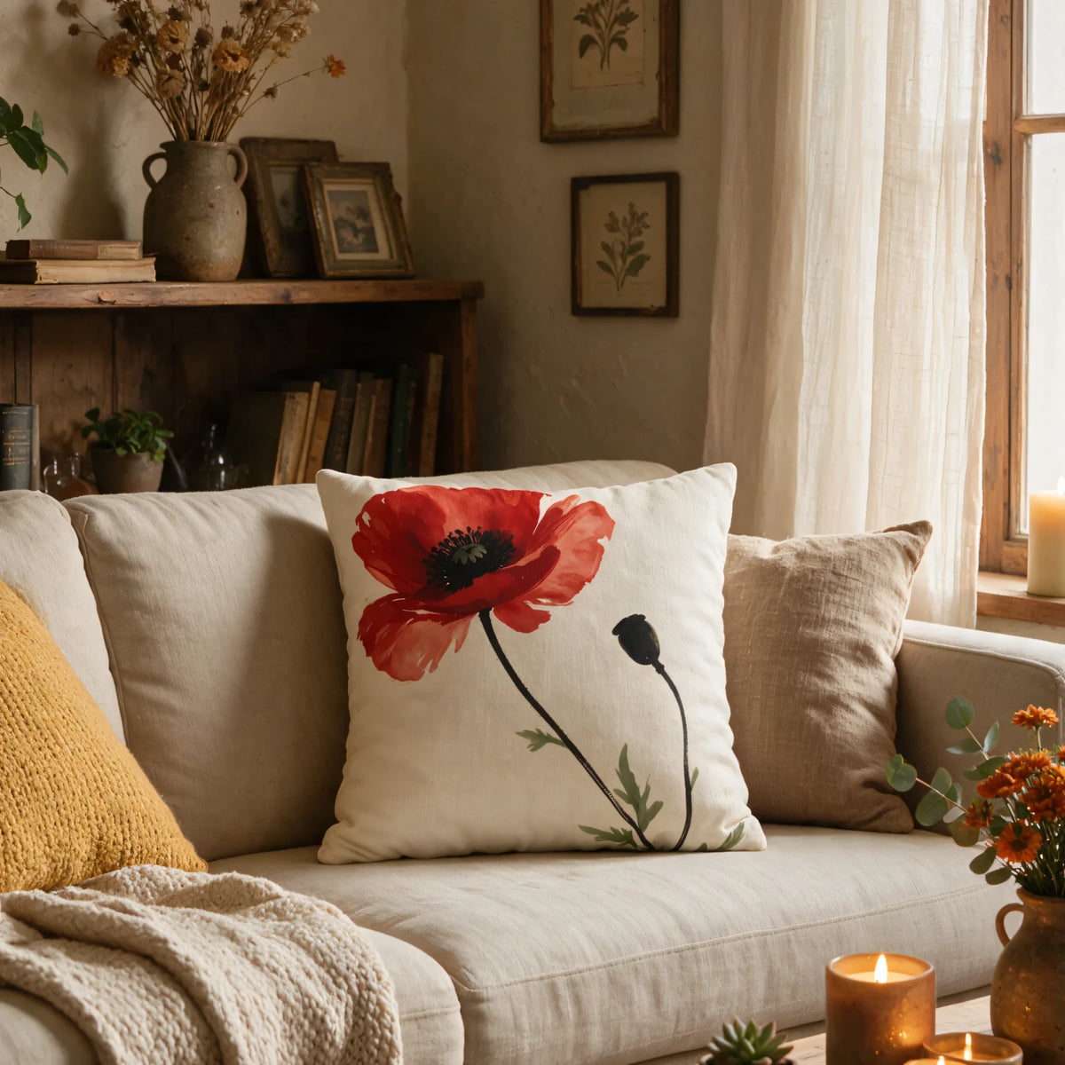 Cream throw pillow with a red poppy design on a beige sofa in a cozy, rustic living room setting with warm candles and neutral decor.