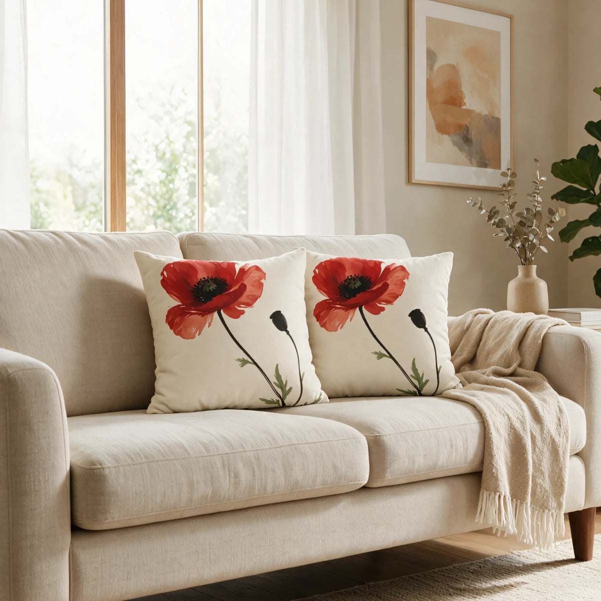 Pair of cream throw pillows with vibrant red poppy floral patterns on a neutral sofa in a bright, cozy living room setting.