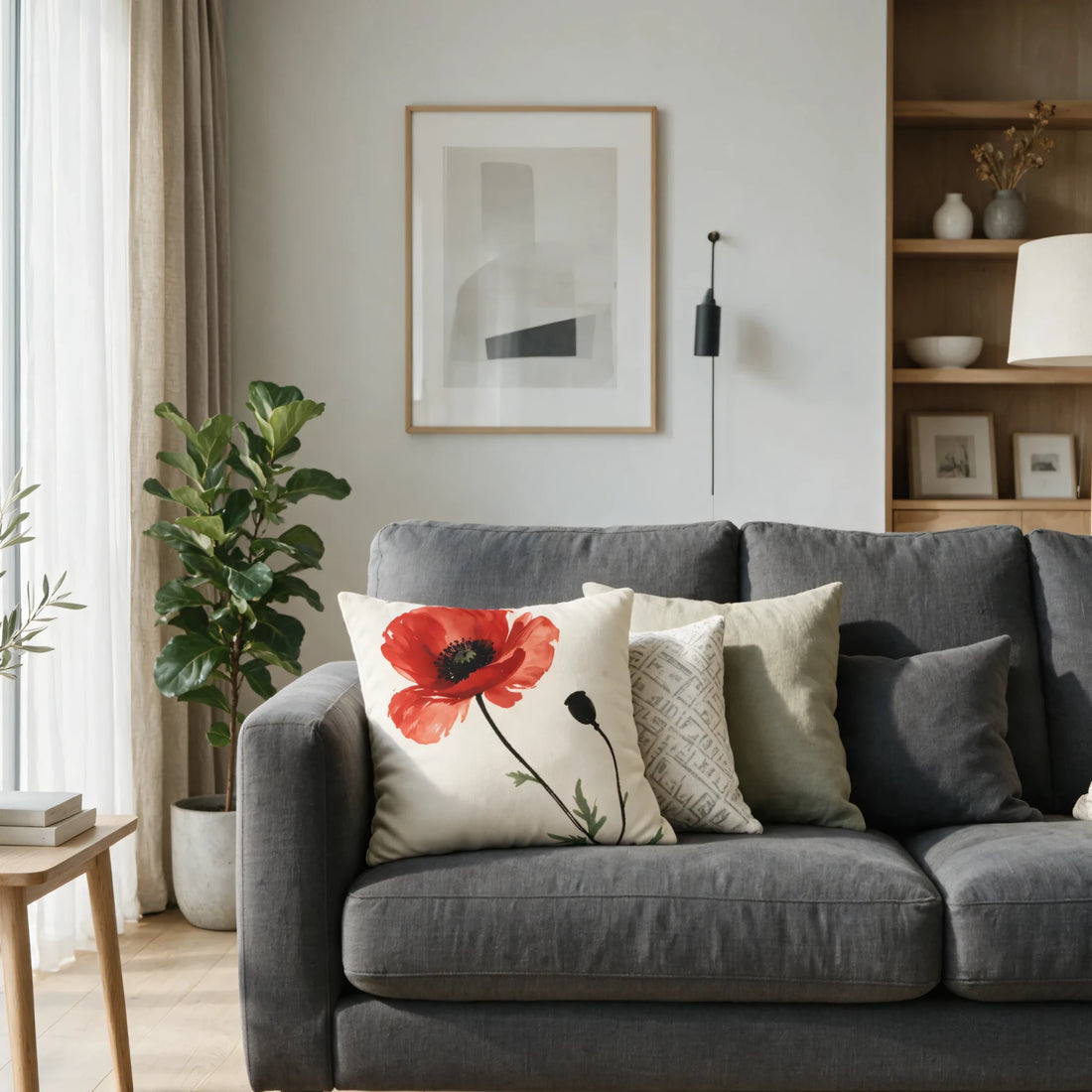 Floral poppy pillow on a grey couch in a modern living room. Decorative cushion with red flower design for stylish interior home decor.