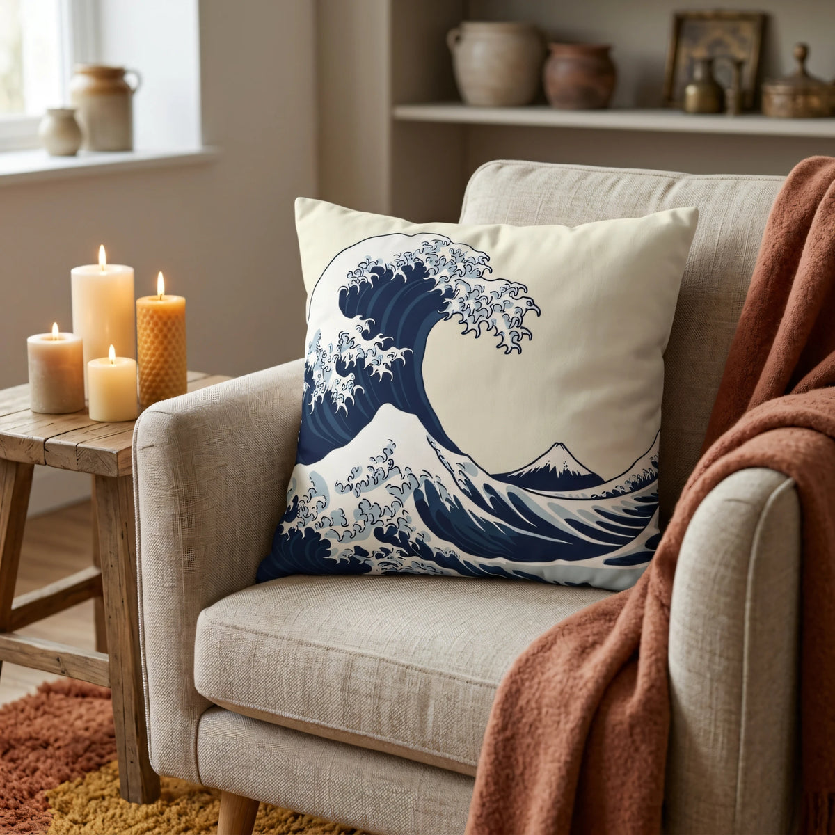 Kanagawa Wave Pillow Case, lifestyle view.