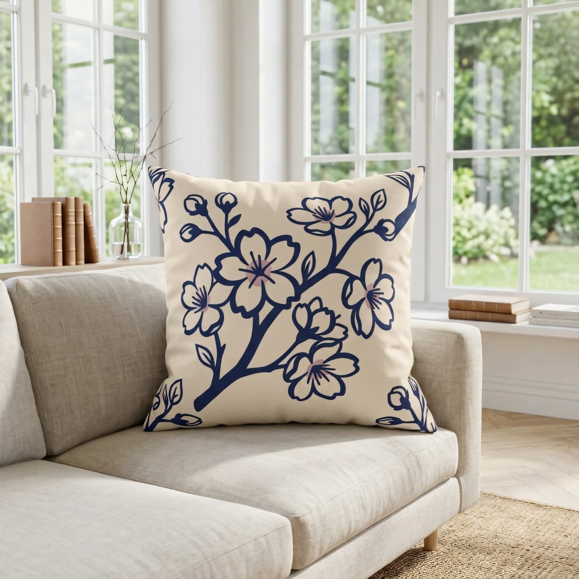 Decorative floral pillow with navy blue cherry blossom design on a cream sofa in a bright, modern living room with scenic garden views.
