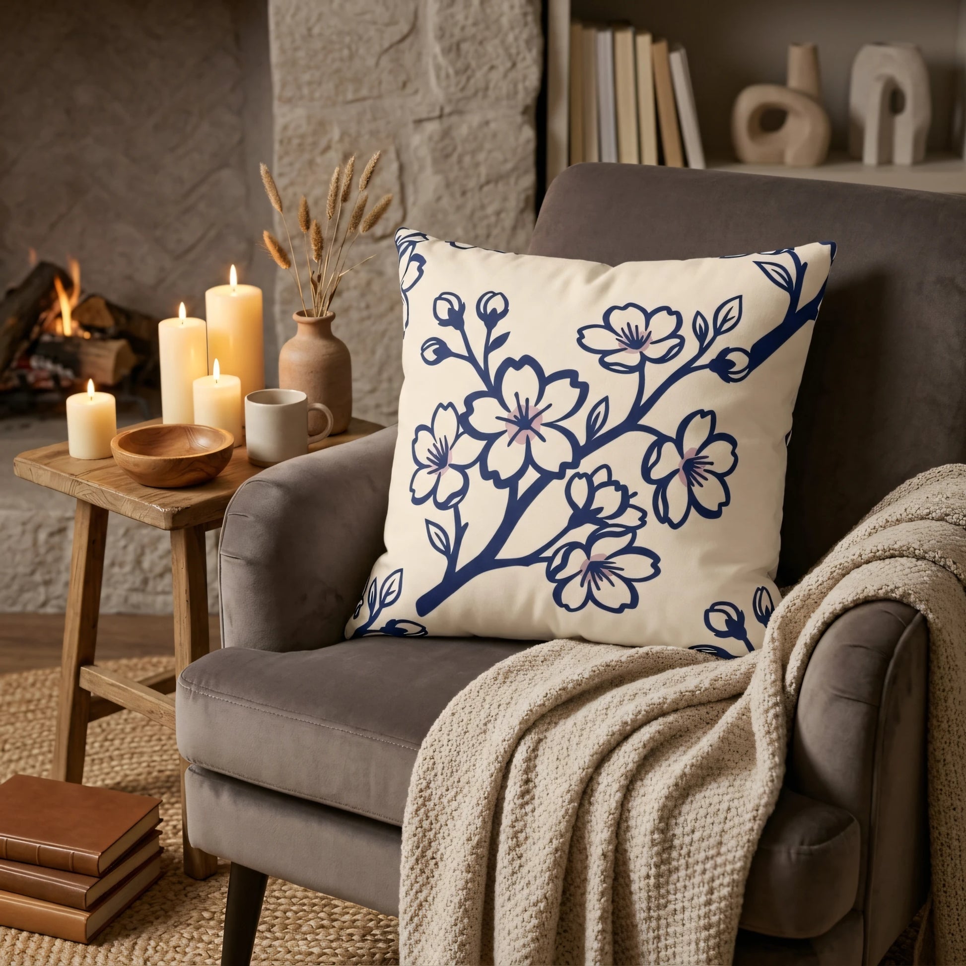 Blue floral cherry blossom pillow on a grey armchair in a cozy living room with warm candlelight and a fireplace background.