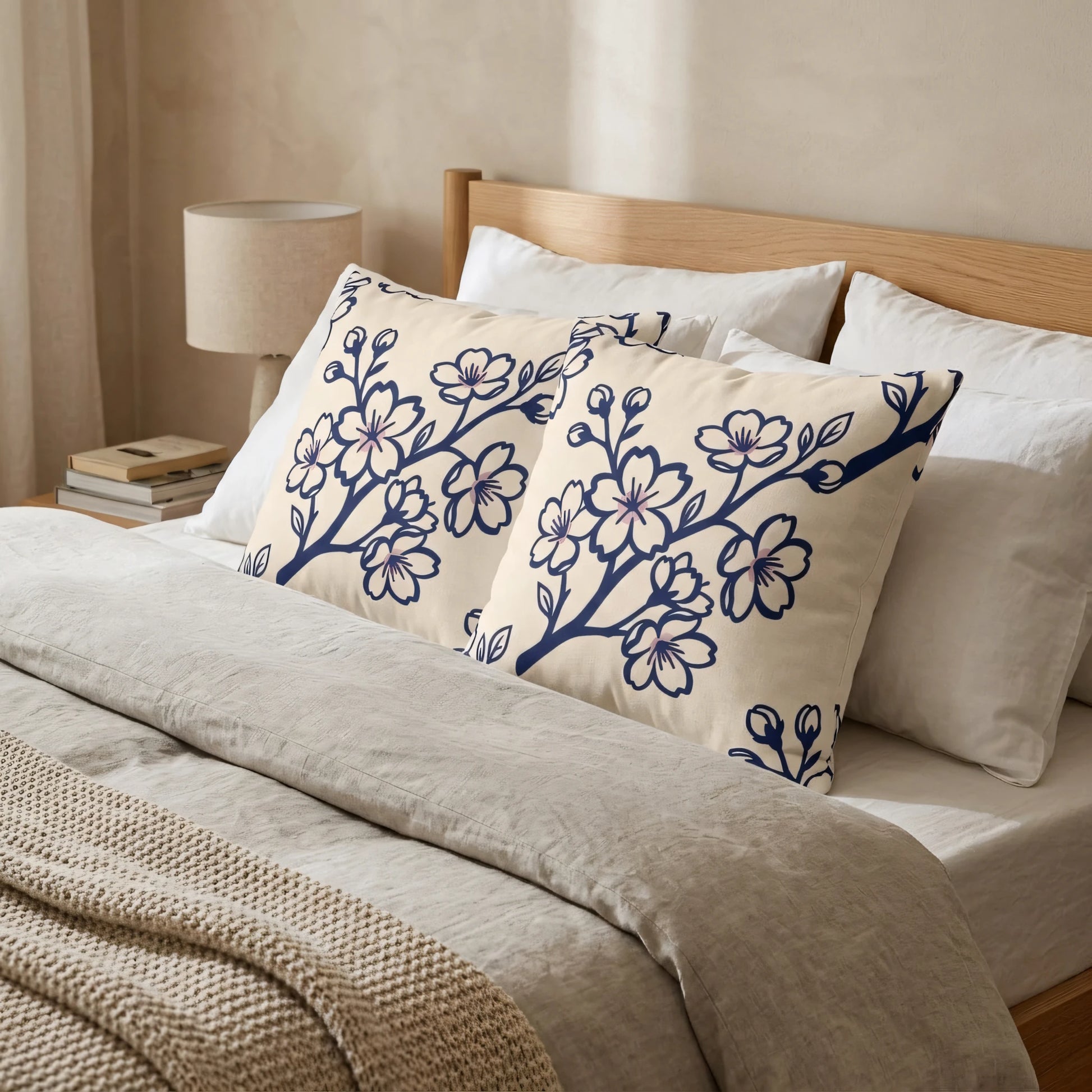 Set of decorative pillows with navy blue floral patterns on a cream bed, featuring a wooden headboard in a cozy, minimalist bedroom.
