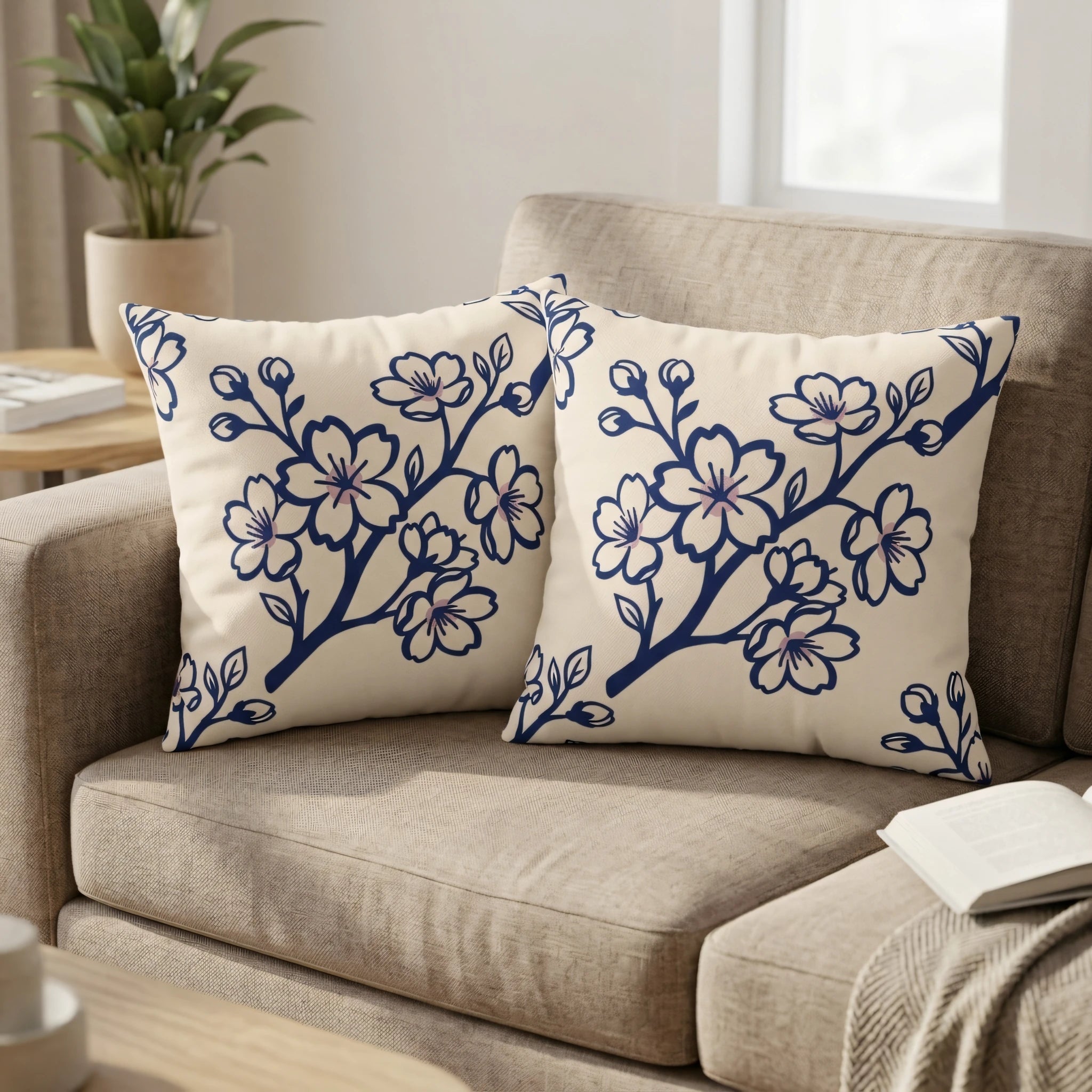 Two cream throw pillows featuring a navy blue cherry blossom floral pattern on a neutral beige sofa in a bright, modern living room setting.