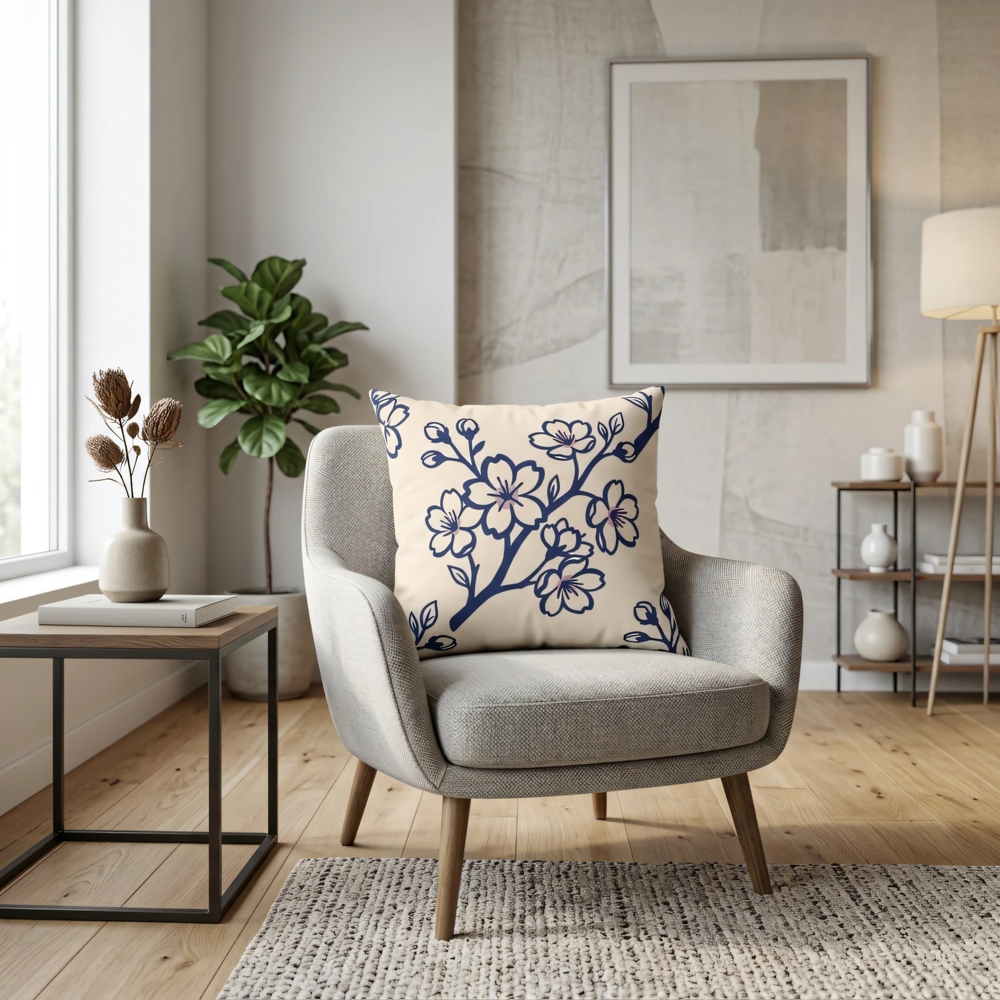 Cream decorative pillow with a navy blue floral pattern on a grey armchair in a modern minimalist living room with wood floors.