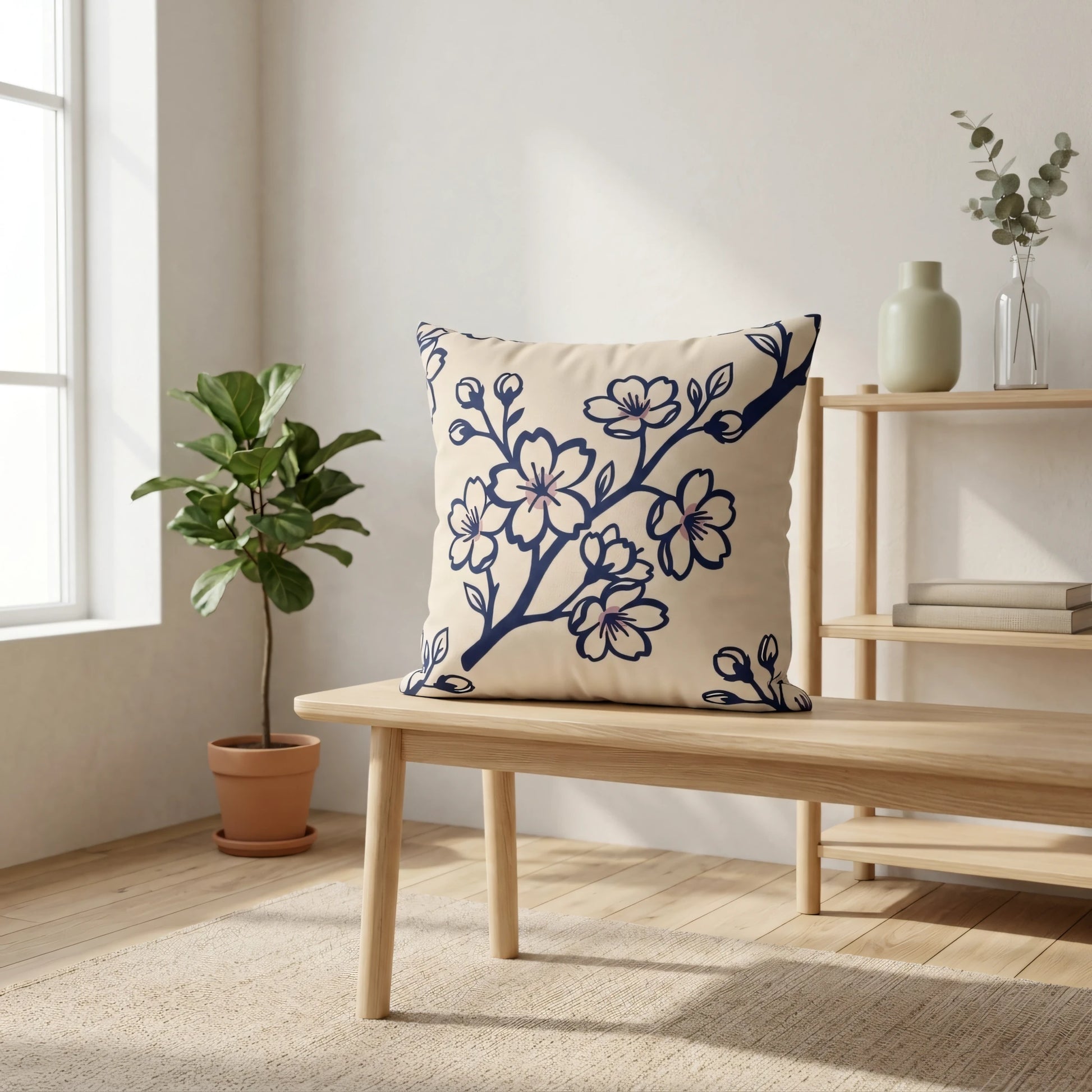 Cream cushion with a navy blue floral cherry blossom pattern on a wooden bench in a minimalist living room with a potted plant and wooden shelves.
