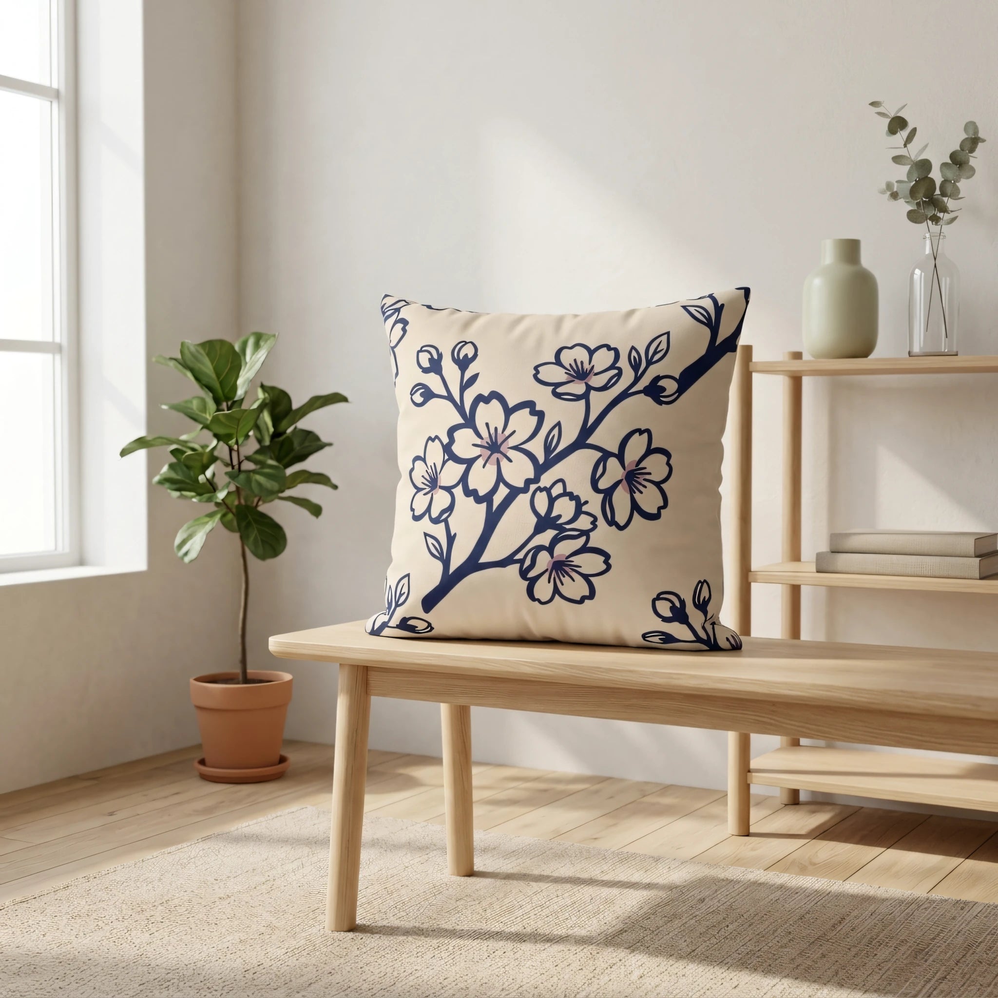 Cream cushion with a navy blue floral cherry blossom pattern on a wooden bench in a minimalist living room with a potted plant and wooden shelves.