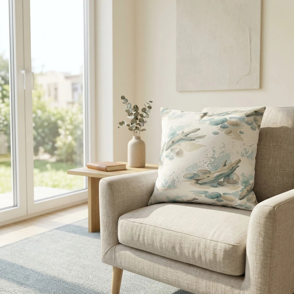 Coastal watercolor cushion featuring driftwood and pebble patterns on a neutral armchair in a bright, sunlit room with modern lifestyle decor.