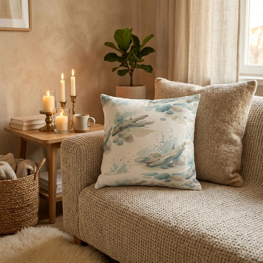 Watercolor driftwood throw pillow on a beige sofa in a cozy living room with candles and a houseplant, soft blue and tan beach-inspired home decor.