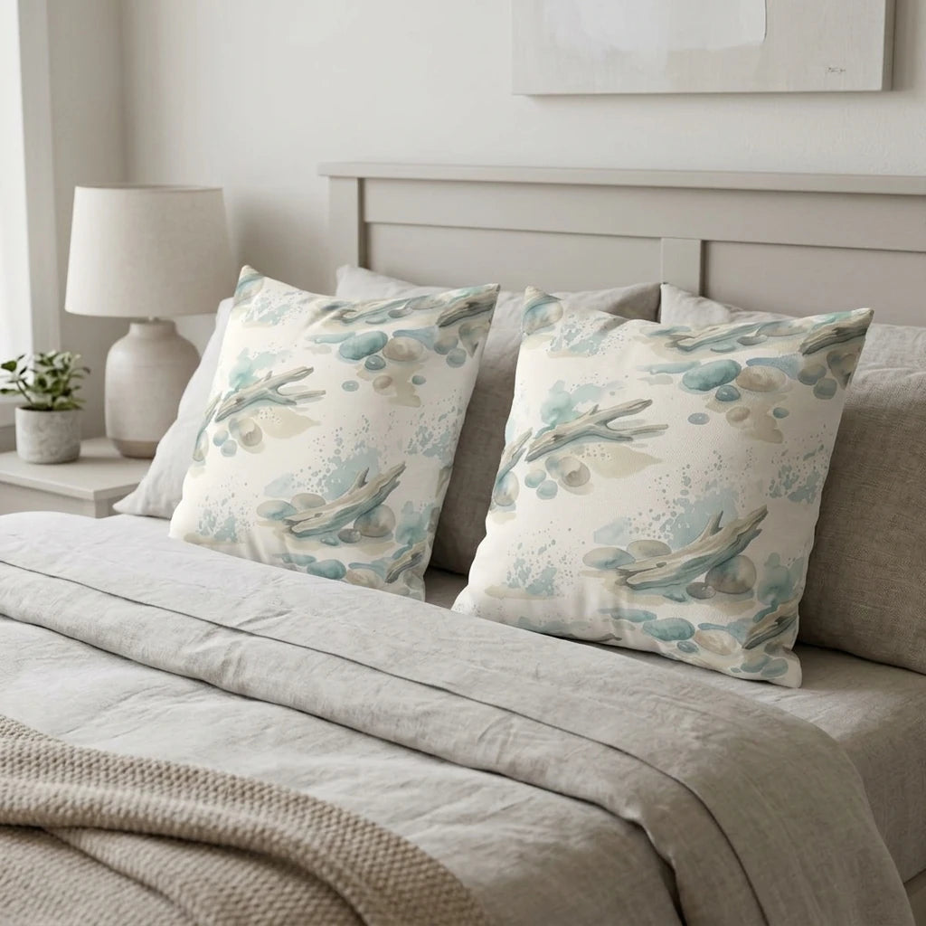 Watercolor cushions with blue sea stone and driftwood patterns displayed on a neutral bed in a cozy, coastal bedroom lifestyle shot.