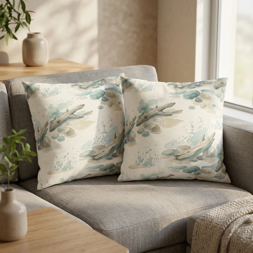 Two decorative throw pillows with watercolor driftwood and stone print in soft teal and sand tones, styled on a modern gray sofa.