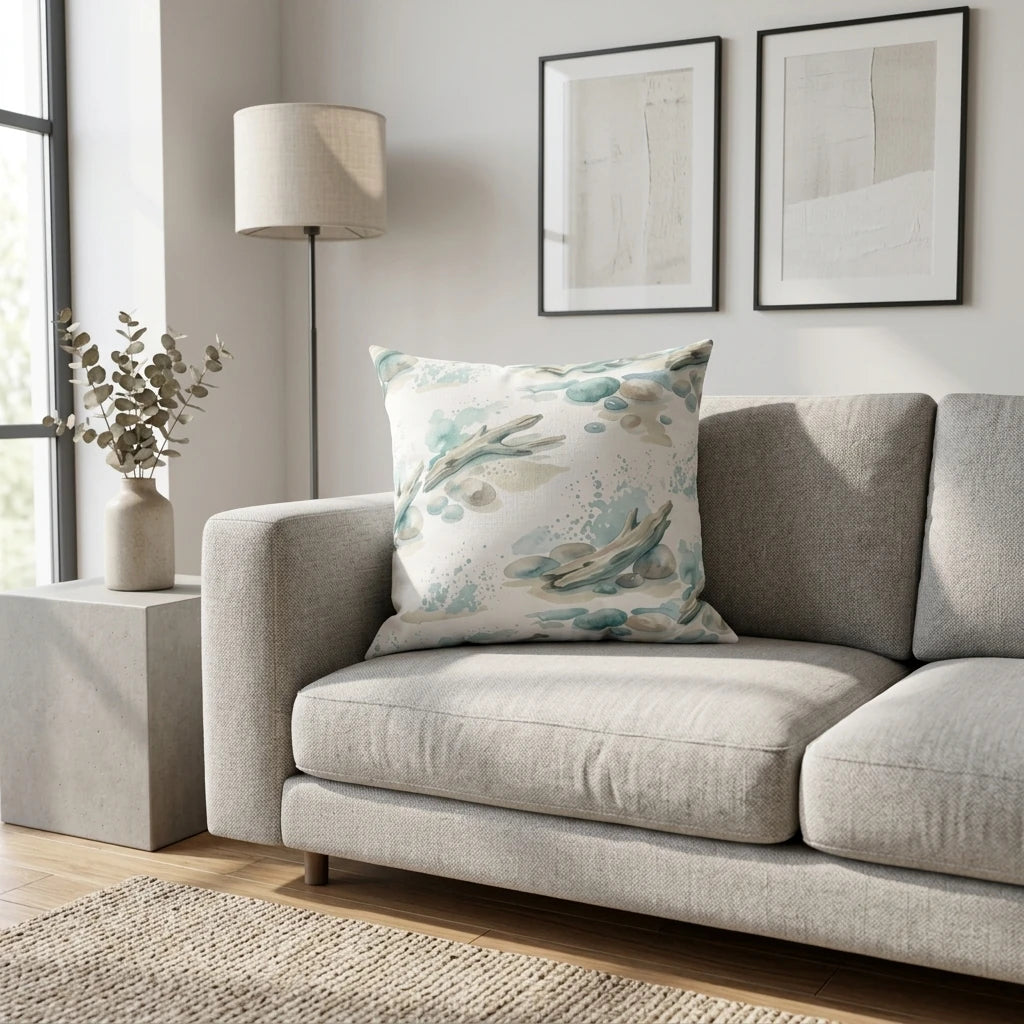 Watercolor seaside pillow with driftwood and teal pebbles on a light grey sofa in a minimalist modern living room lifestyle setting.