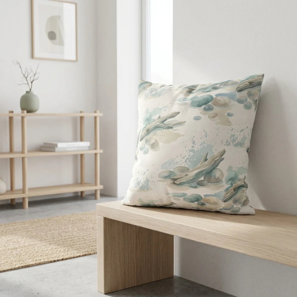 Square cushion with a blue and beige coastal watercolor pattern featuring pebbles and driftwood, set in a bright minimalist interior.