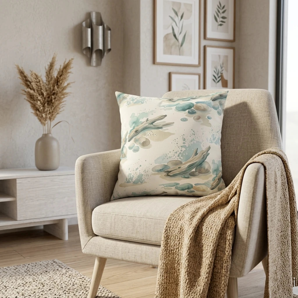 Teal watercolor driftwood and stone pattern pillow on a beige armchair in a minimalist living room setting with natural textures and decor.