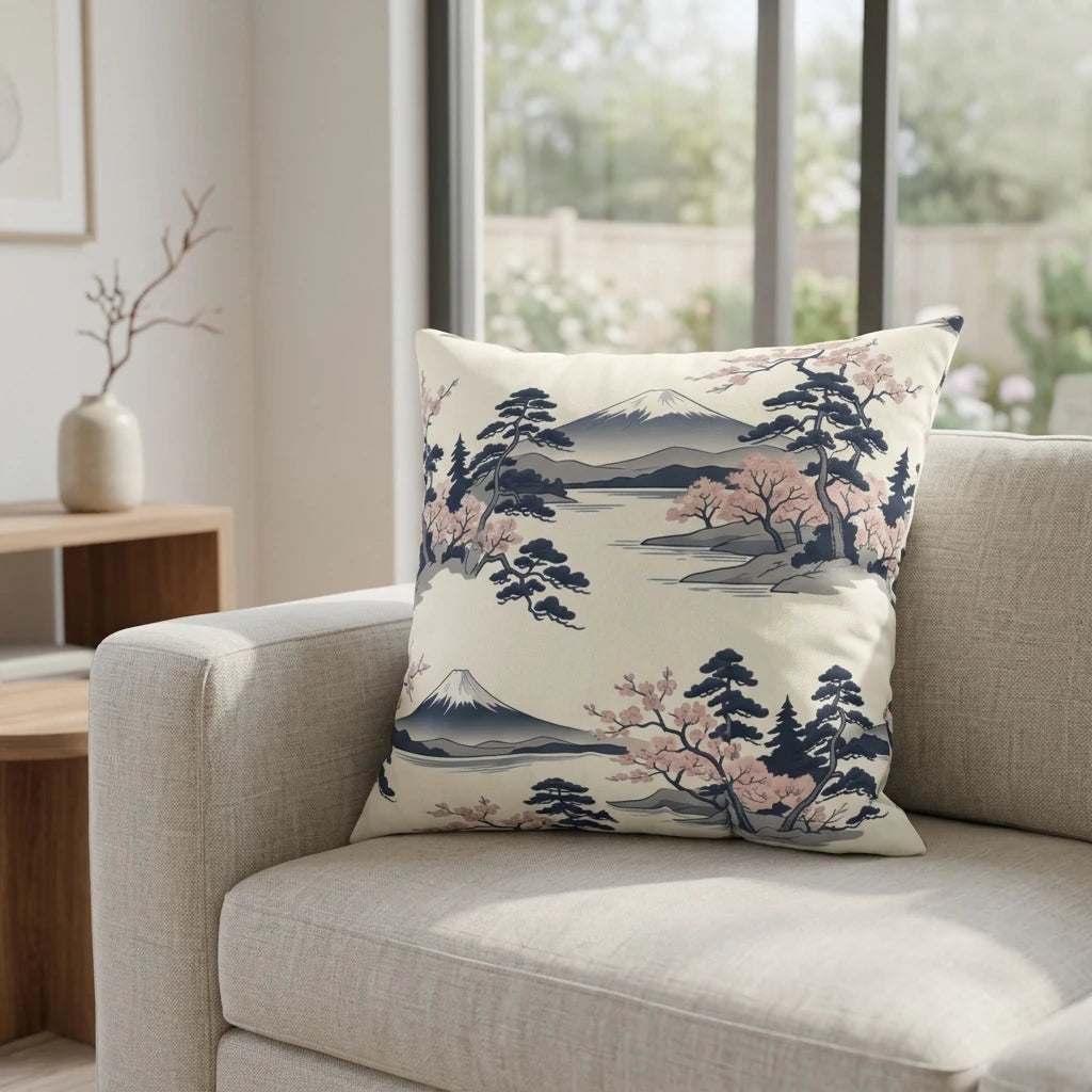 Japanese landscape print throw pillow with Mt Fuji and pink cherry blossoms displayed on a neutral sofa in a bright, minimalist living room.