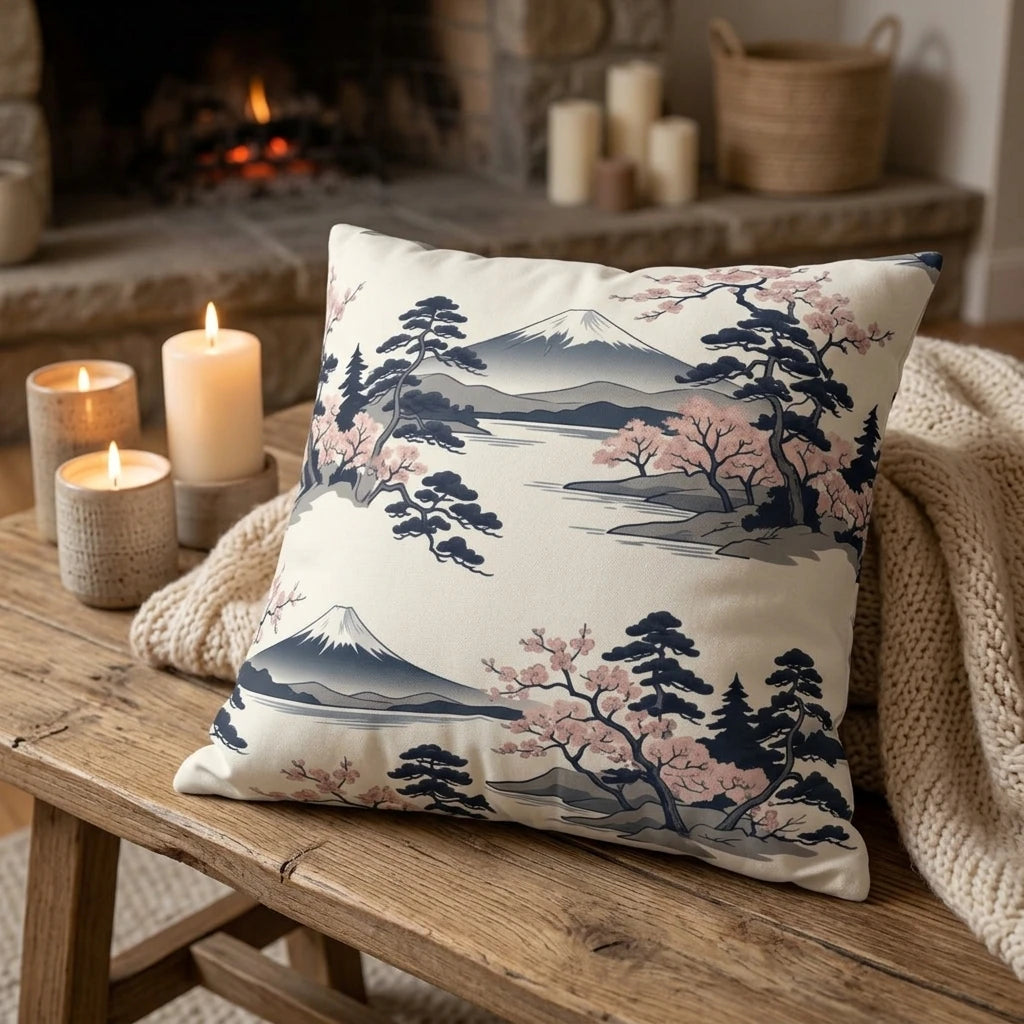 Decorative cushion with a Japanese Mount Fuji and cherry blossom print, set in a cozy room with lit candles and a knitted throw on a wooden bench.