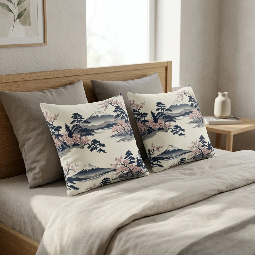Cream decorative cushions with a Japanese landscape print of Mount Fuji and pink cherry blossoms on a wooden bed with grey bedding in a bedroom.
