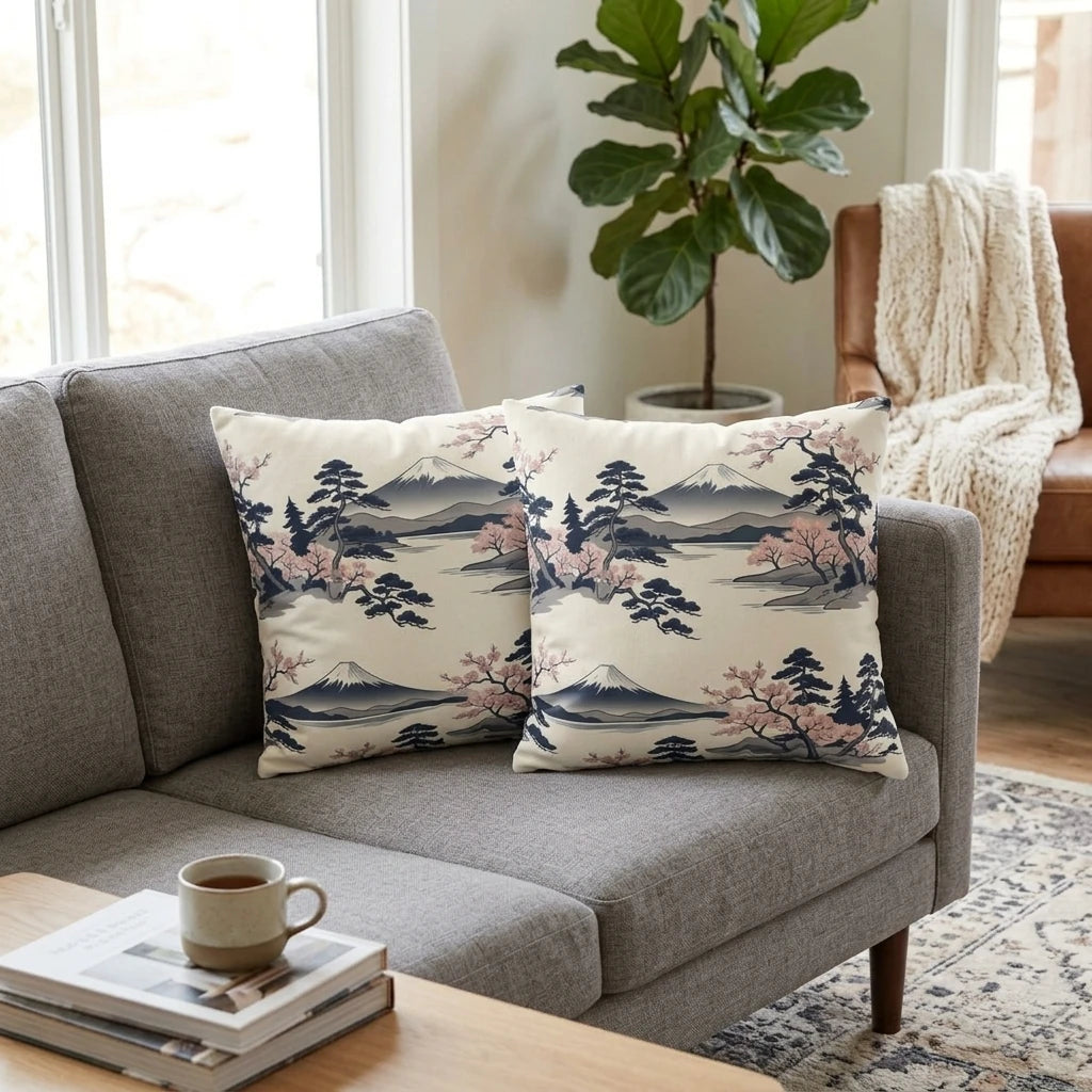 Pair of decorative cushions with Japanese Mount Fuji and cherry blossom designs on a grey sofa in a modern, cozy living room setting.
