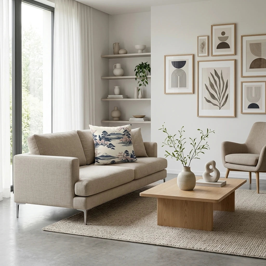 Japanese landscape cushion with Mount Fuji and cherry blossoms on a beige sofa in a bright, modern minimalist living room interior.