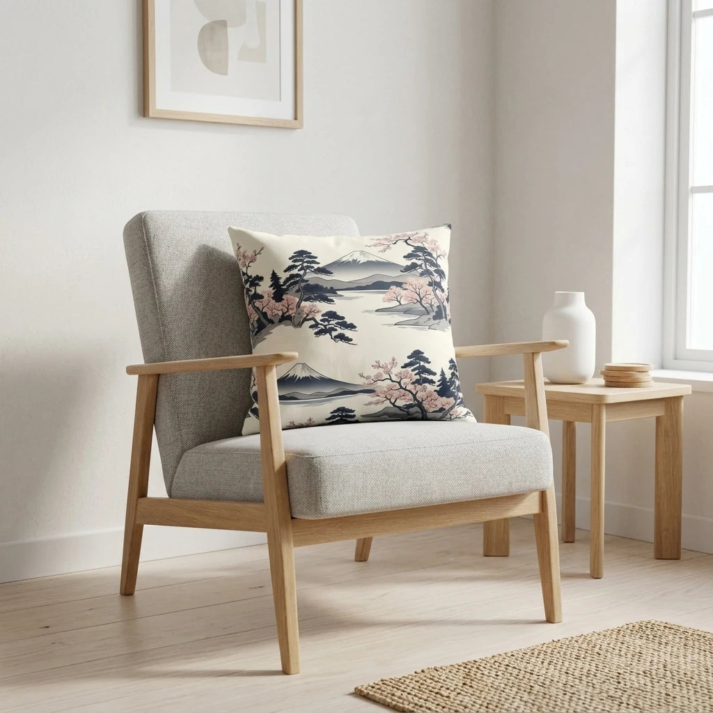 Japanese landscape cushion with Mount Fuji and cherry blossoms on a grey armchair in a bright minimalist interior with a wooden side table.
