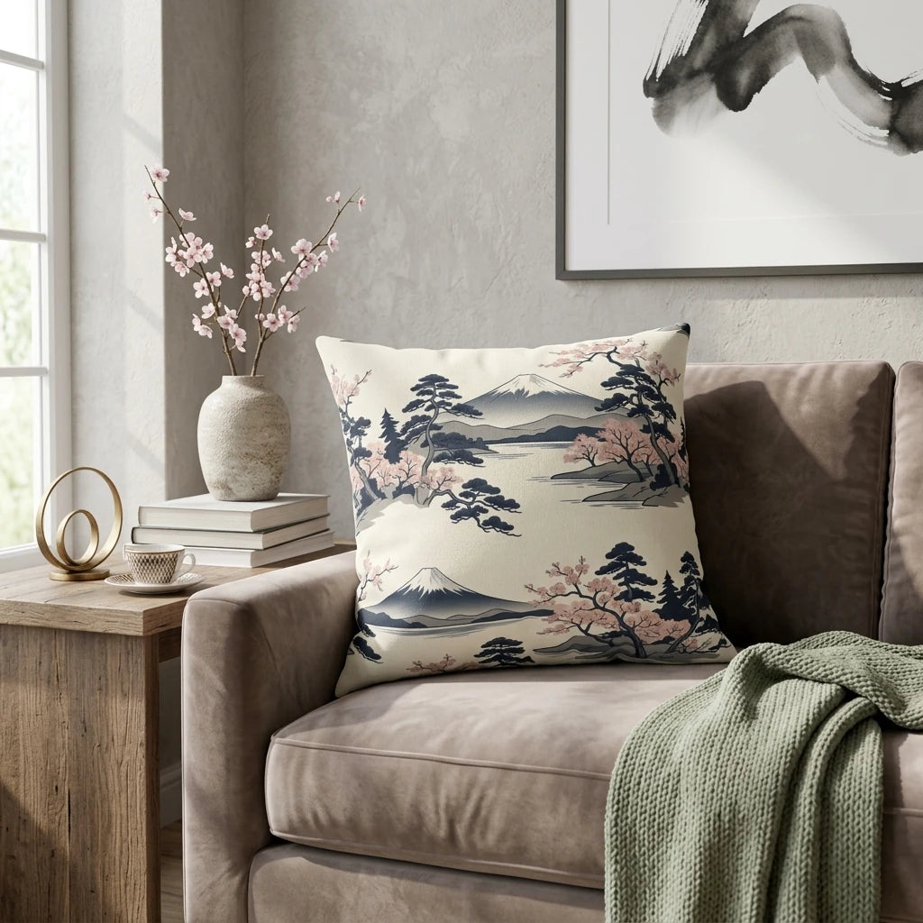 Japanese landscape cushion with Mt. Fuji and cherry blossom pattern on a velvet sofa in a cozy, modern living room setting.