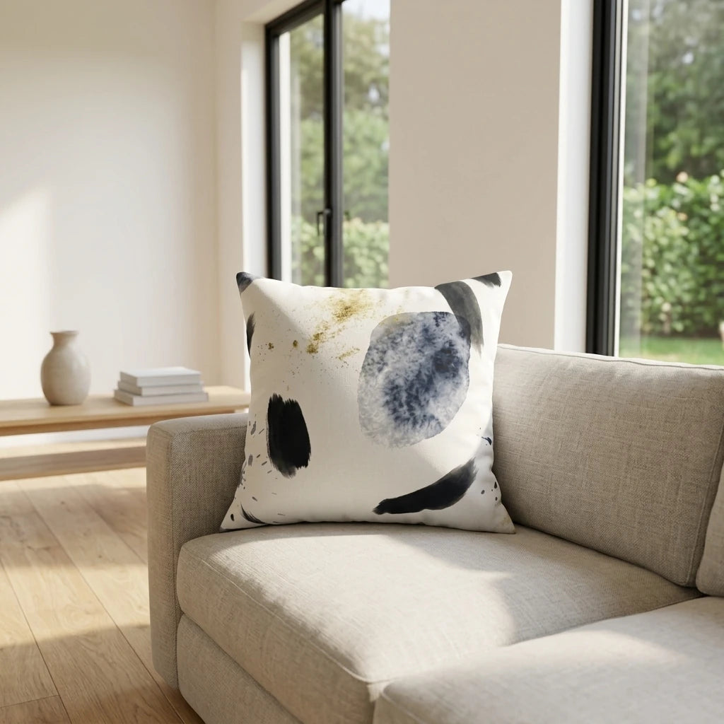 Abstract throw pillow featuring blue and gold watercolor patterns on a gray sofa in a bright, sunlit modern living room with large windows.
