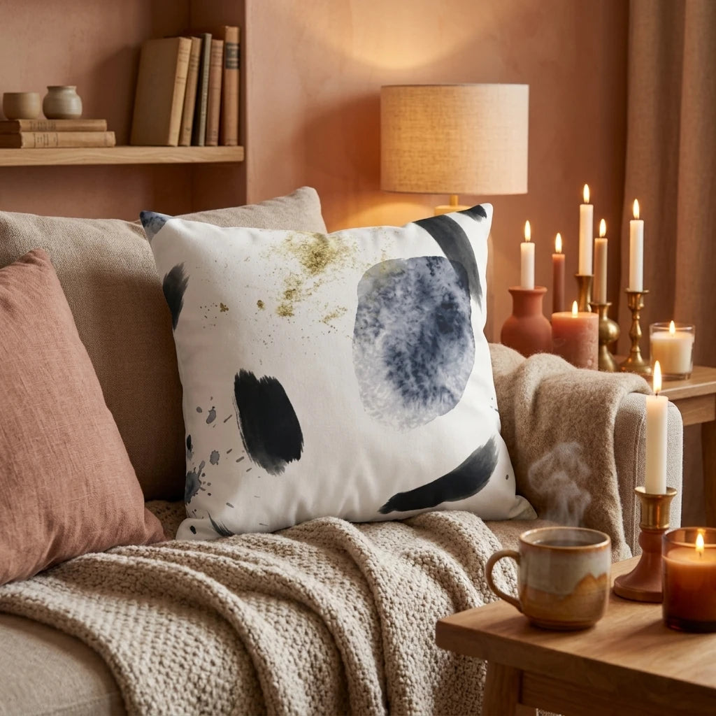 White cushion with abstract black watercolor art and gold details on a cozy sofa surrounded by candles and a warm knitted blanket.